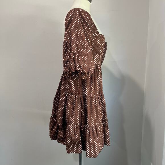 Faithfull the Brand Eryn Mini Dress Brown & White Polka Dot Puff Sleeve Sz 4 - Picture 3 of 12